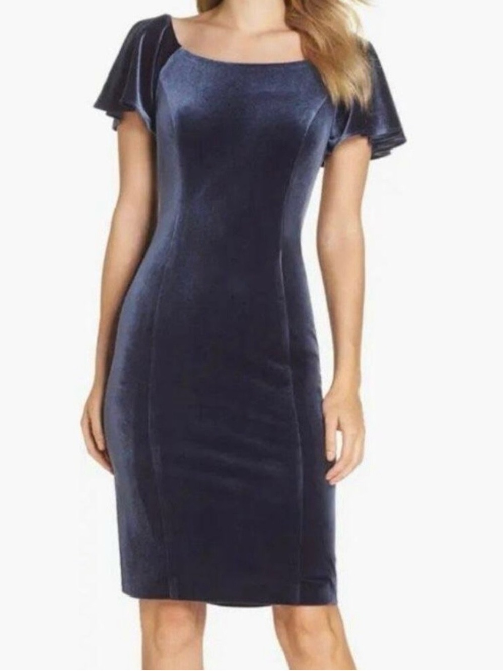 Eliza J Navy Velvet Midi Sheath Dress fluttered sleeves